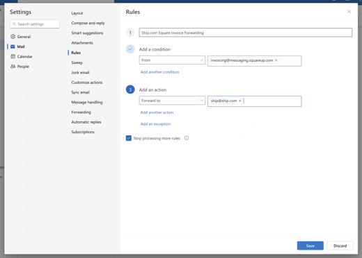 Square Email Forwarding with Outlook Web App 7